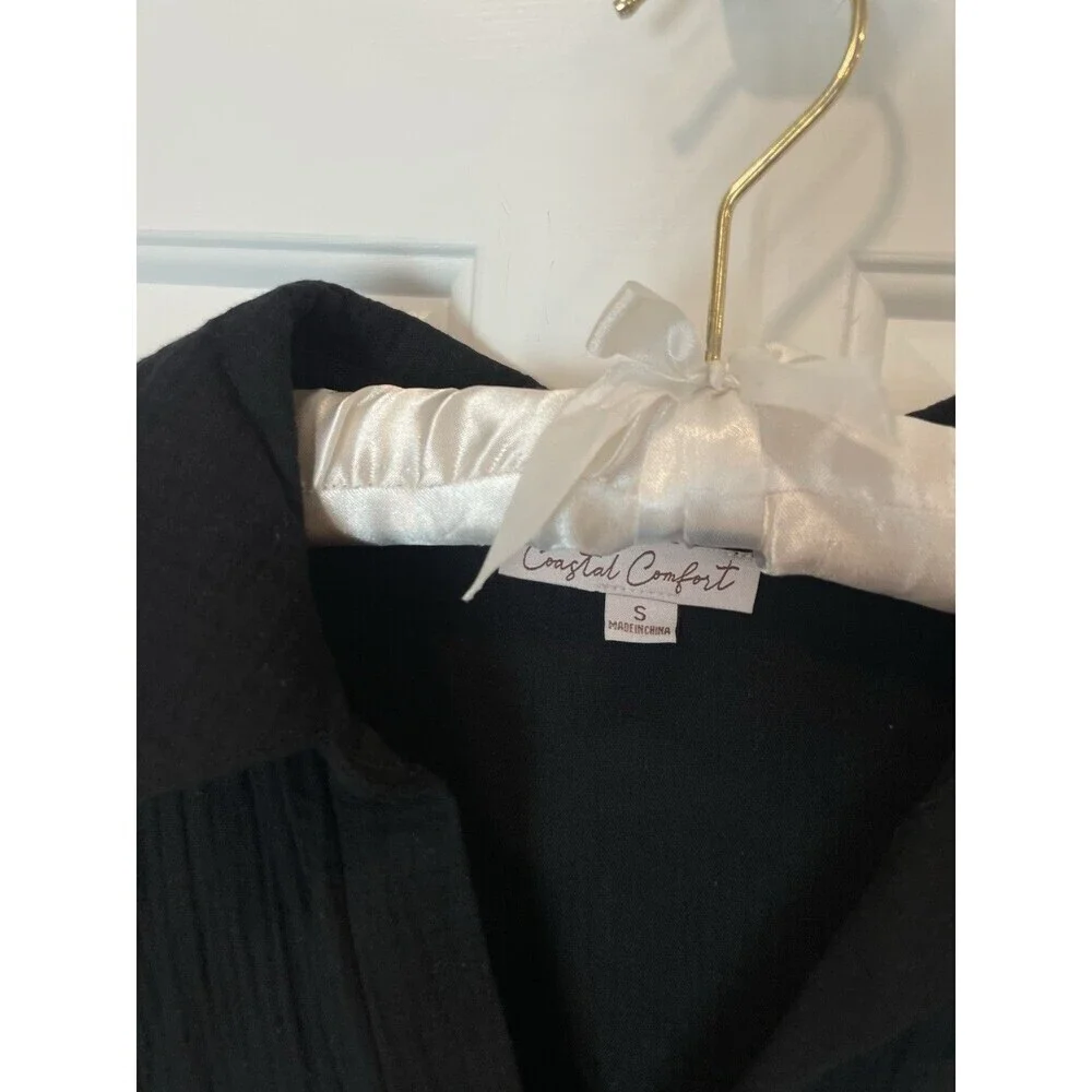 Beach Cover Up Black Cotton Gauze Tunic Women S V-Neck Pockets Coastal NWT